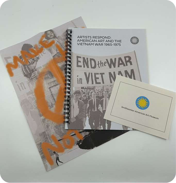 A poster, catalog book, and donor card laid out in a spread