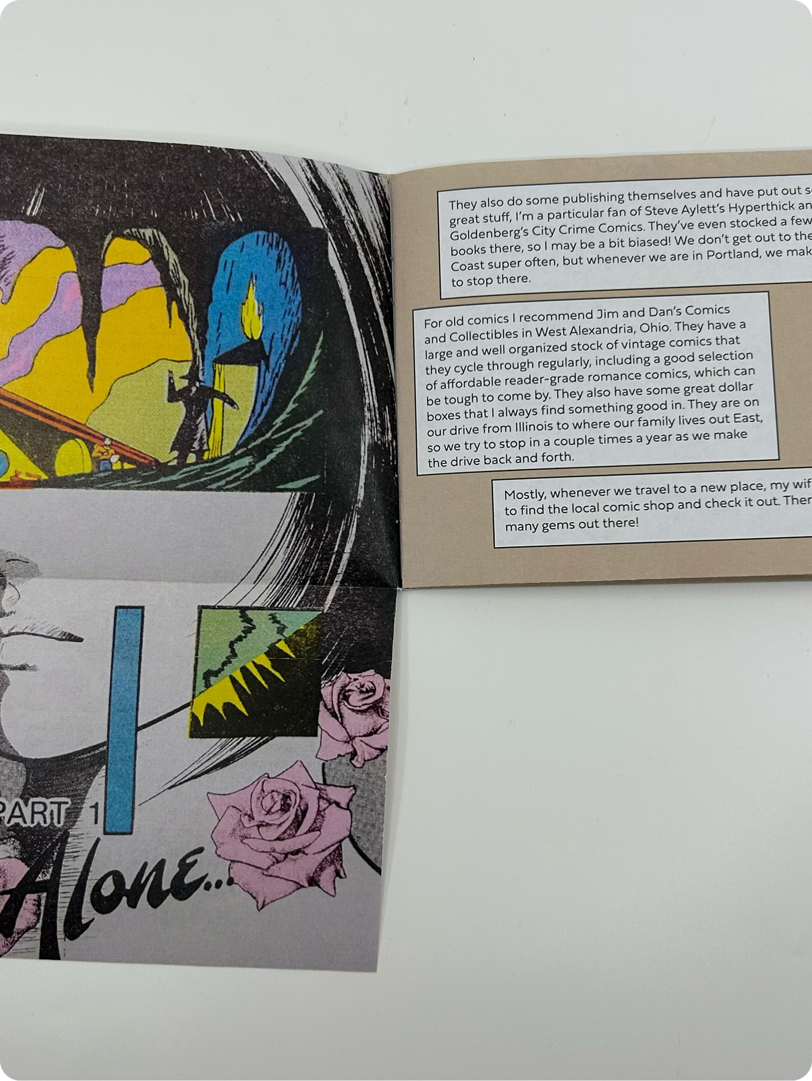 Spread of zine containing art on the left page with a woman and overlapping features, and text on the right side
