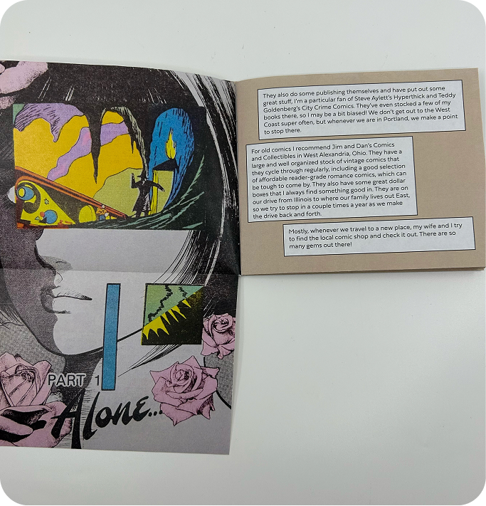 Spread of zine containing art on the left page with a woman and overlapping features, and text on the right side