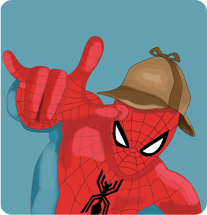spiderman holding his hand out to in front of him, while wearing a sherlock holmes hat