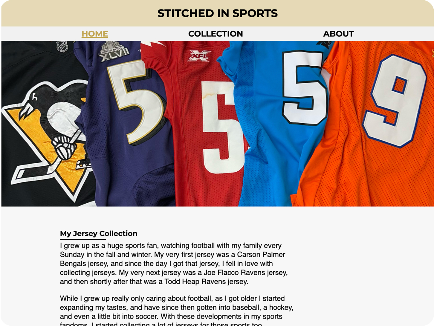 screenshot of a jersey collection website, featuring multiple jerseys laid out in a row